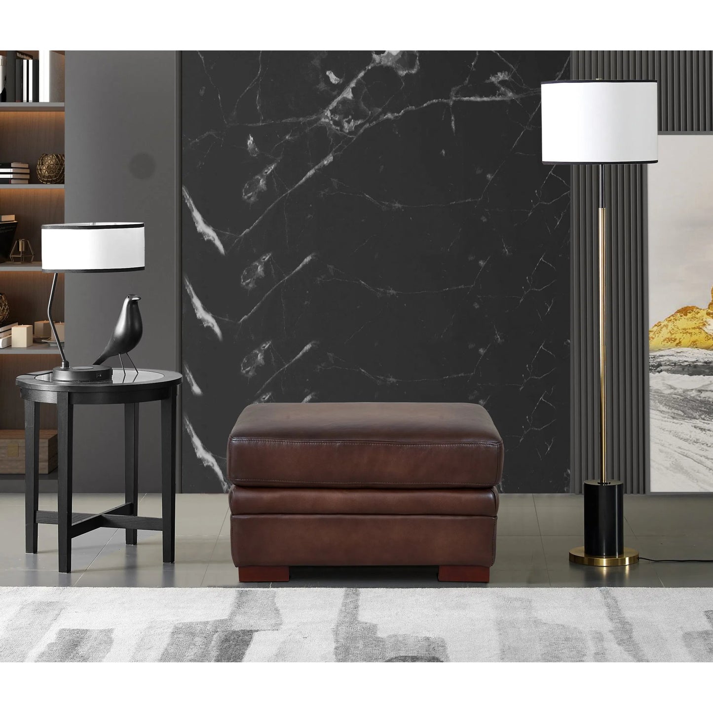 008 SI-2095625 | Lifestyle | Brookfield Ottoman by Hydeline in caramel brown. Made from leather in a transitional style.