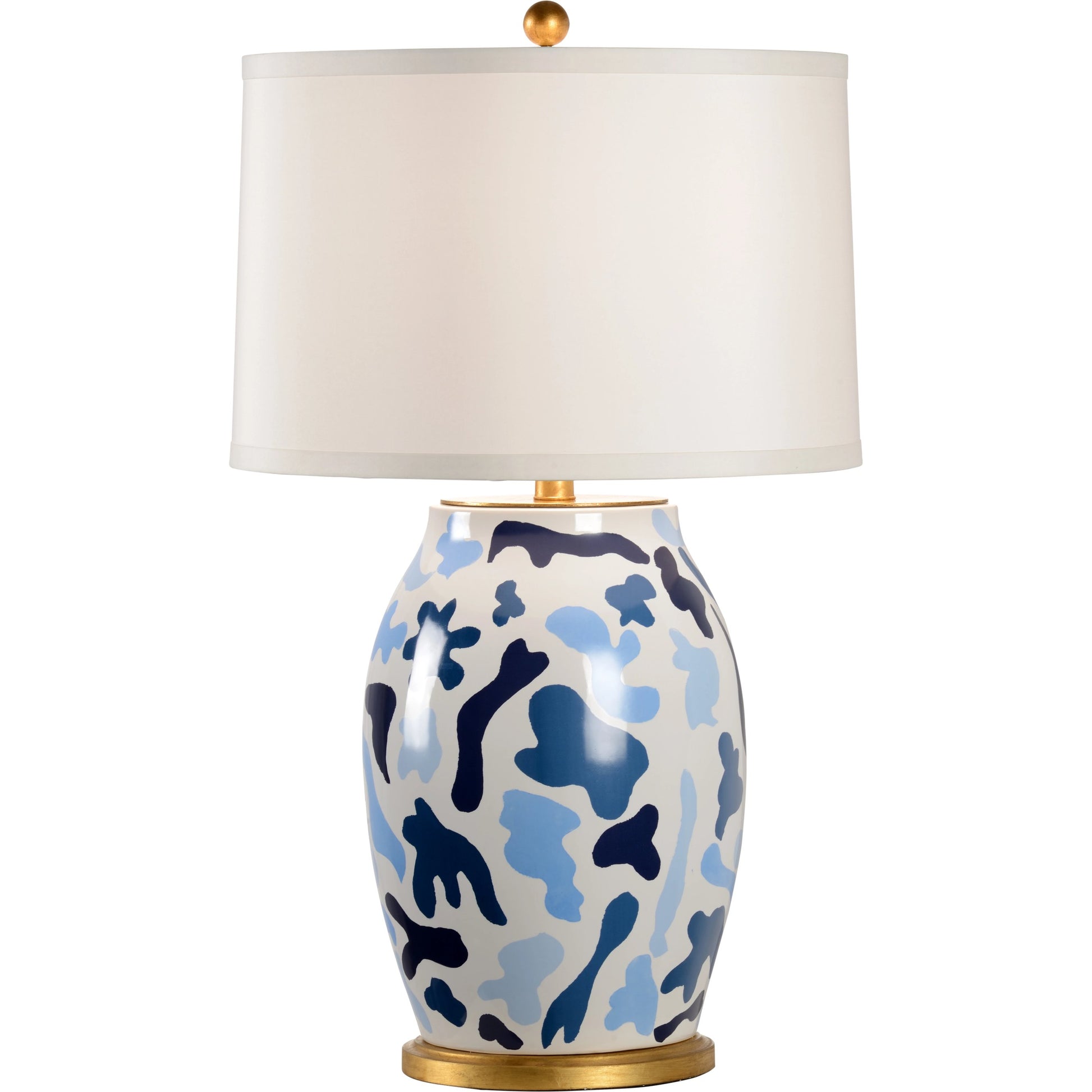 St. Germain Lamp by Chelsea House in blues, white glaze, antique gold leaf. Made from ceramic in a modern style.
