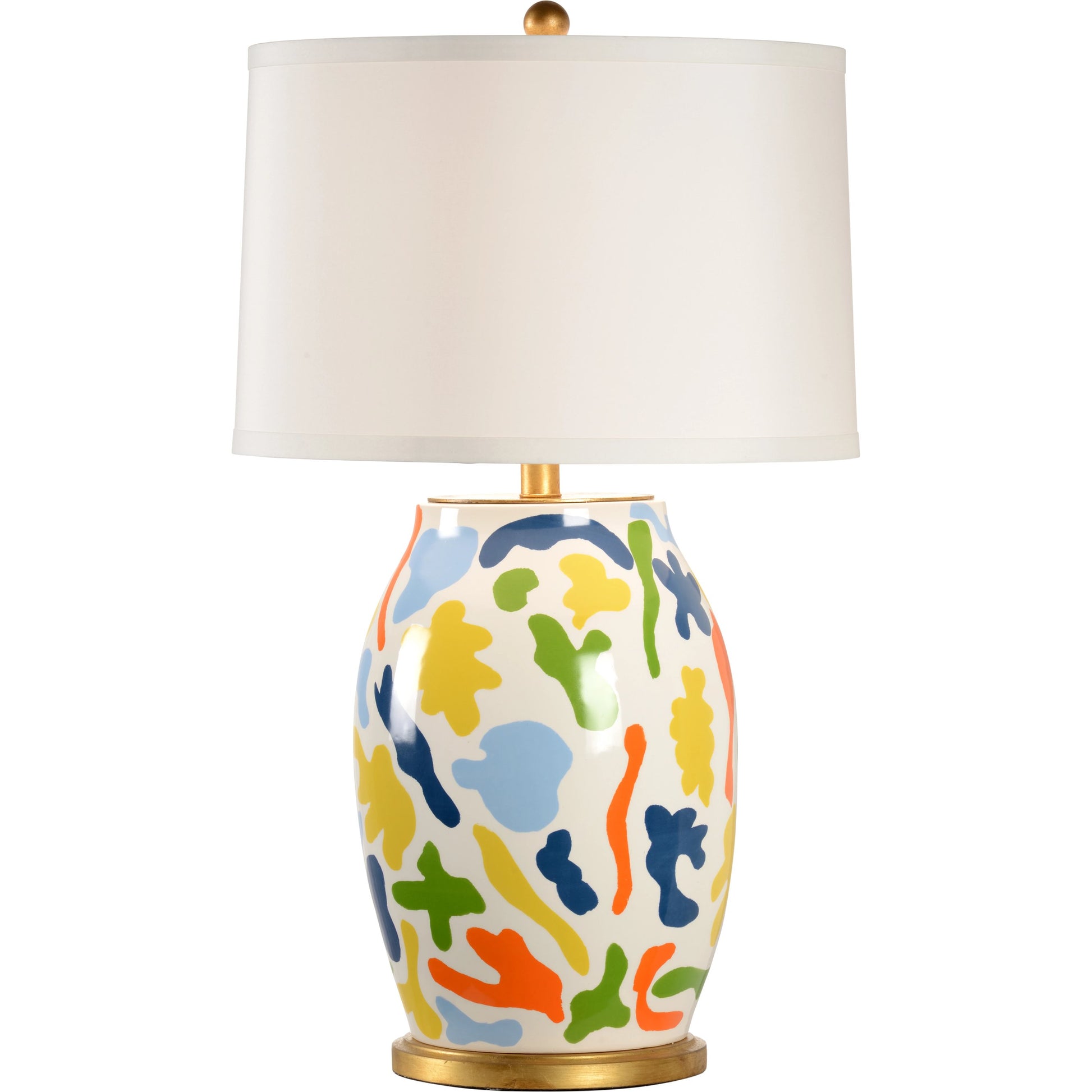 St. Germain Lamp by Chelsea House in blues, white glaze, antique gold leaf. Made from ceramic in a modern style.