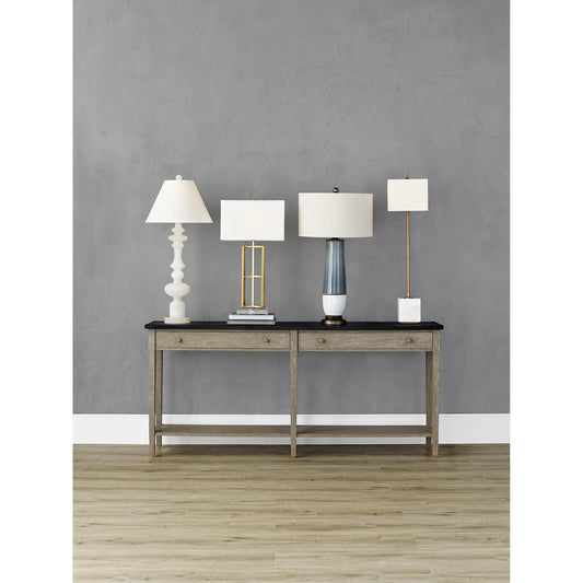 Thompson Console Lamp by Currey and Company in brass, white. Made from metal, marble in a modern style.