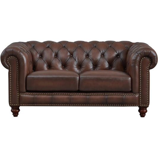 Alton Bay 2-Seat Leather Sofa by Hydeline in caramel brown. Made from leather/split, solid hardwood kiln dried in a unique style.