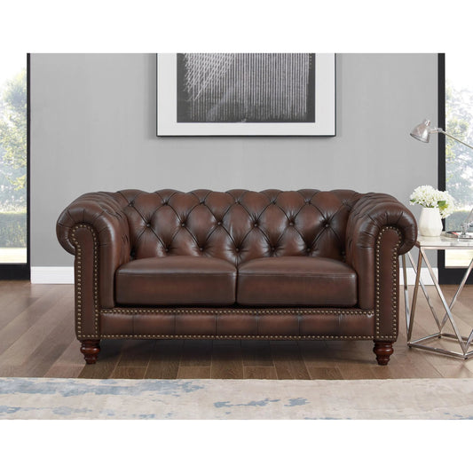 Alton Bay 2-Seat Leather Sofa by Hydeline in caramel brown. Made from leather/split, solid hardwood kiln dried in a unique style.