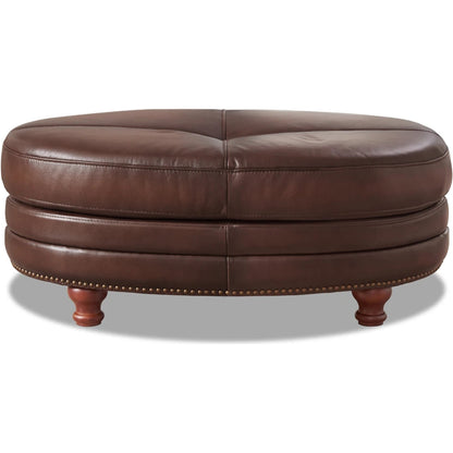 Belfast Ottoman by Hydeline in ash gray. Made from leather in a transitional style.