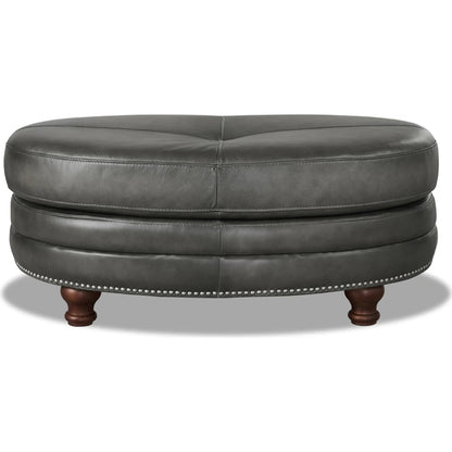 Belfast Ottoman by Hydeline in ash gray. Made from leather in a transitional style.