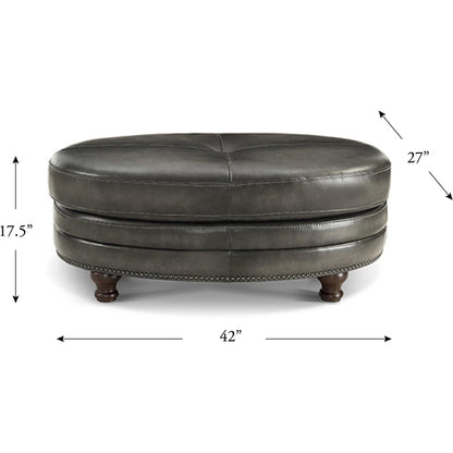Belfast Ottoman by Hydeline in ash gray. Made from leather in a transitional style.