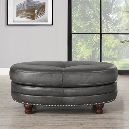 Belfast Ottoman by Hydeline in ash gray. Made from leather in a transitional style.