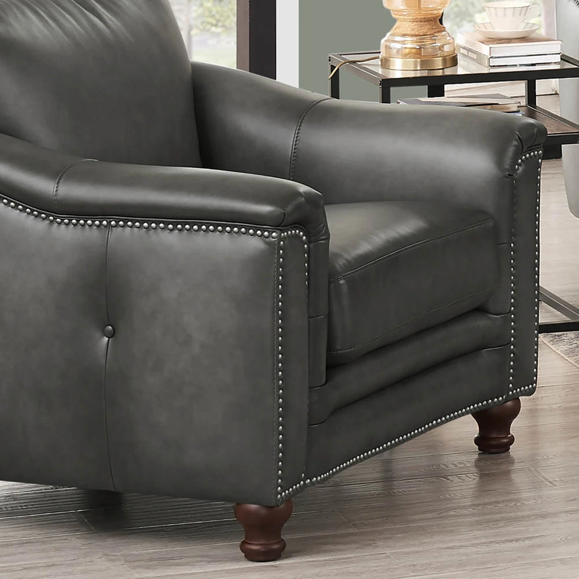 Belfast Chair by Hydeline in ash gray. Made from leather in a transitional style.