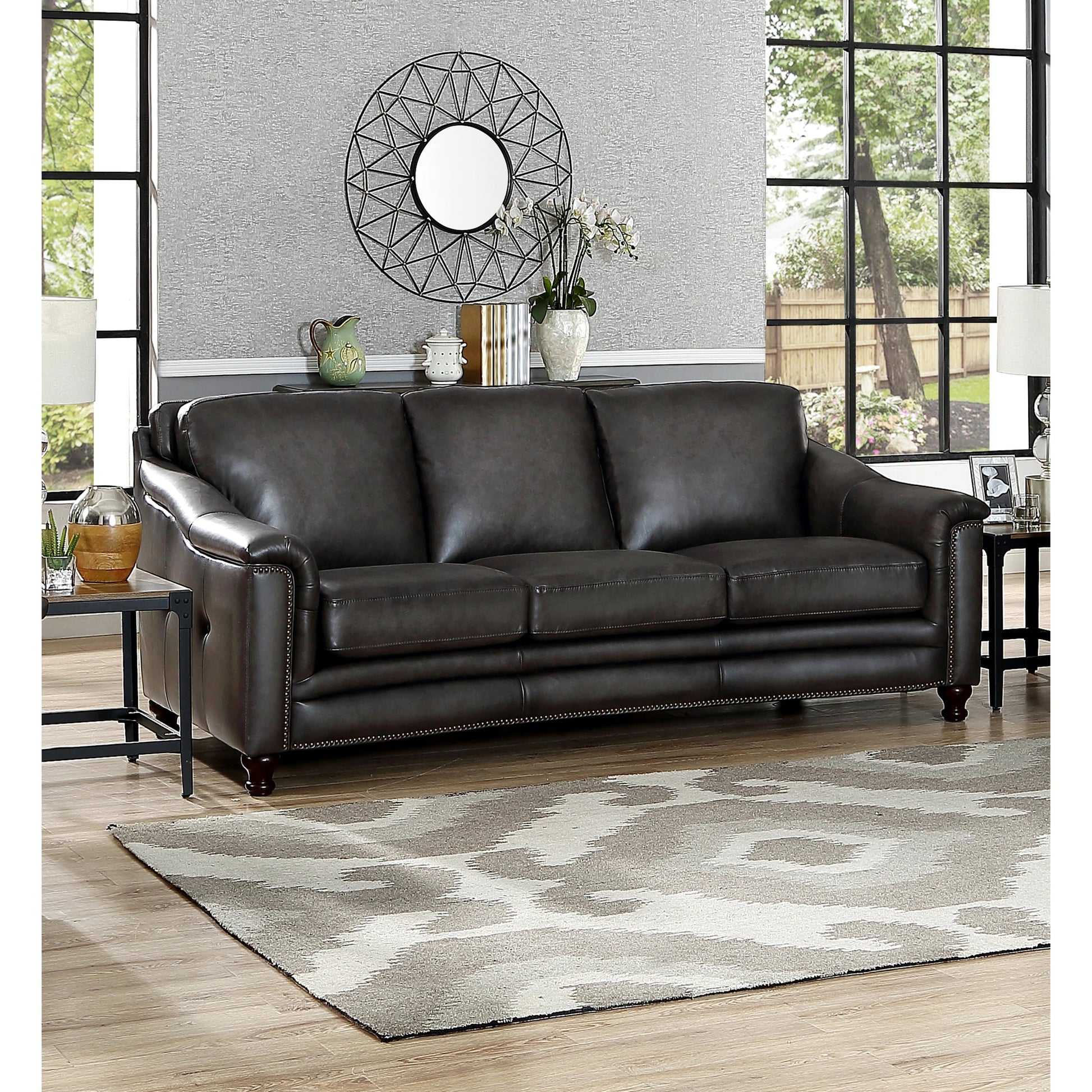 Belfast Sofa by Hydeline in ash gray. Made from leather in a transitional style.