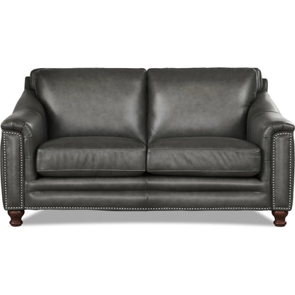 Belfast Loveseat by Hydeline in ash gray. Made from leather in a transitional style.