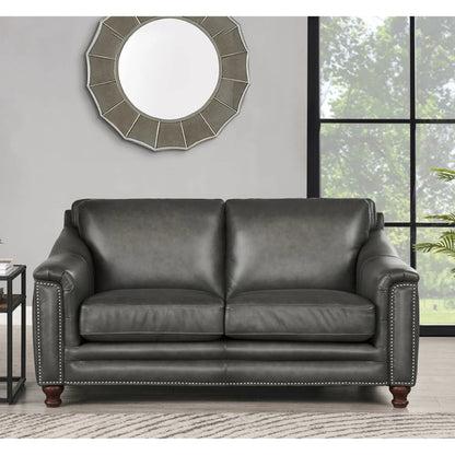 Belfast Loveseat by Hydeline in ash gray. Made from leather in a transitional style.