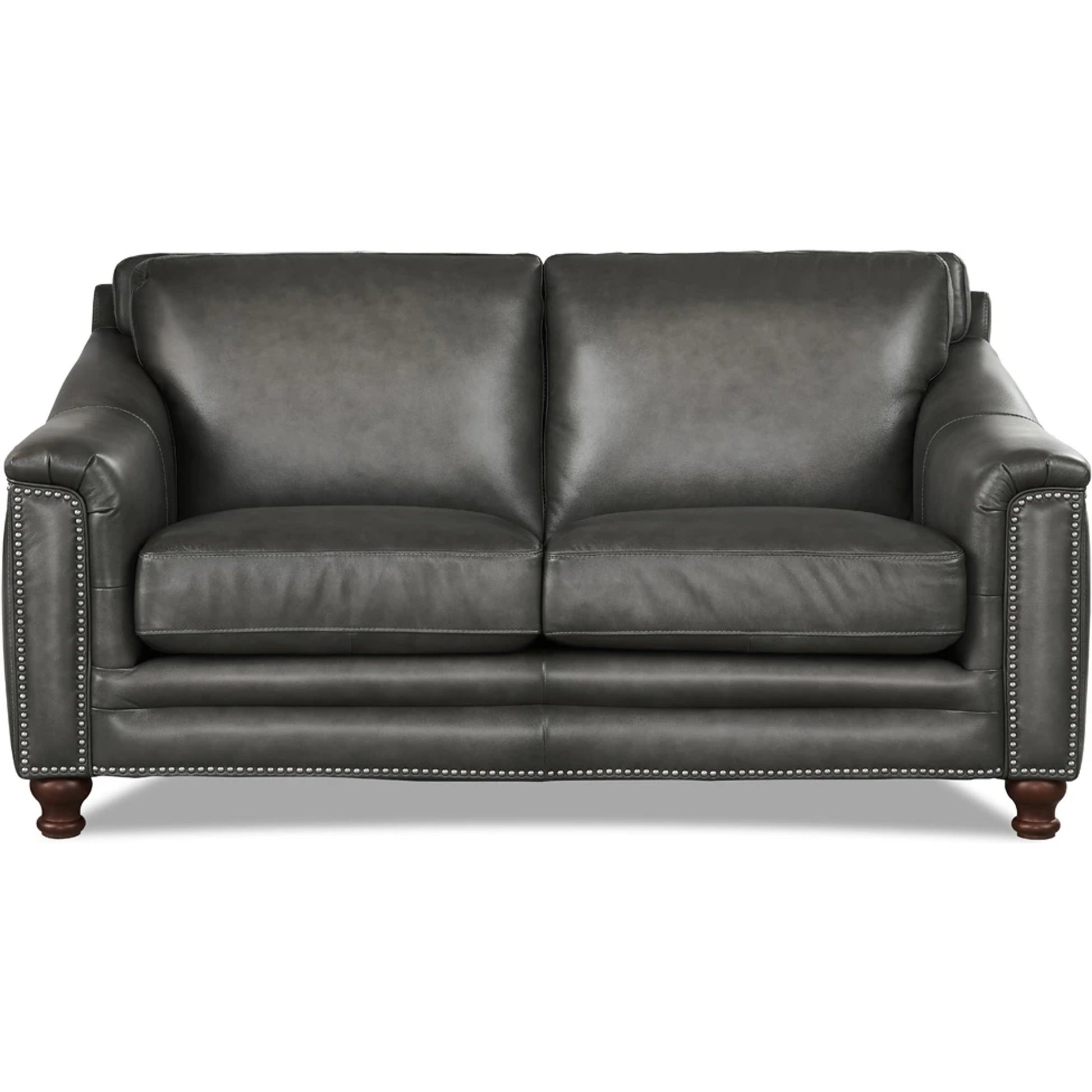 Belfast Loveseat by Hydeline in ash gray. Made from leather in a transitional style.