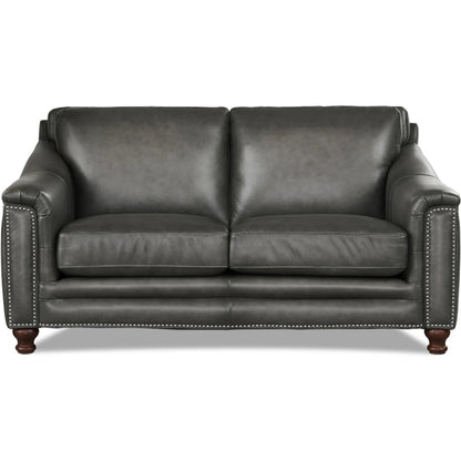 Belfast Loveseat by Hydeline in ash gray. Made from leather in a transitional style.