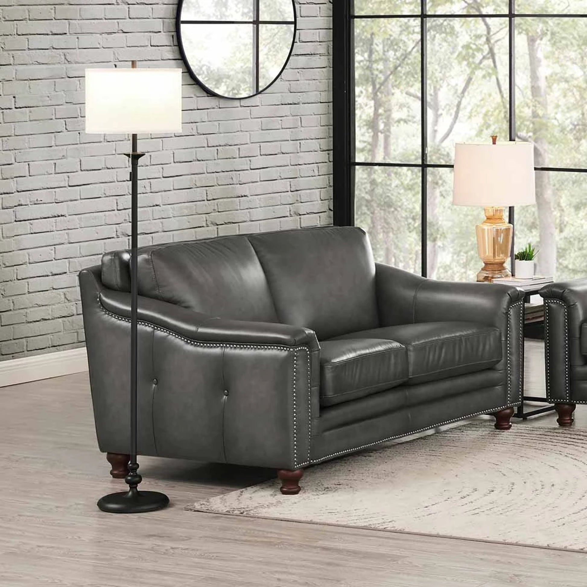 Belfast Loveseat by Hydeline in ash gray. Made from leather in a transitional style.
