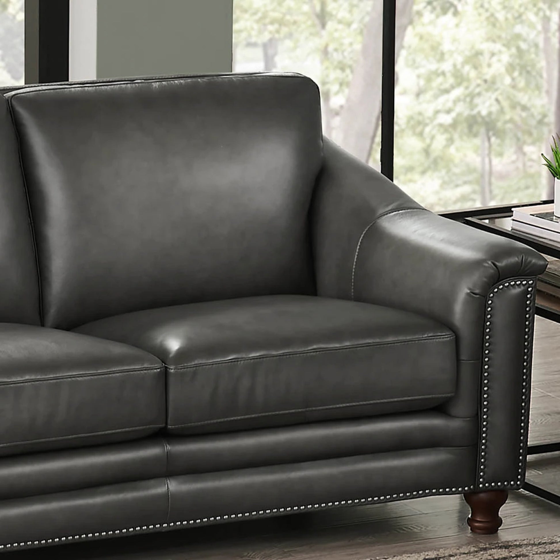 Belfast Loveseat by Hydeline in ash gray. Made from leather in a transitional style.