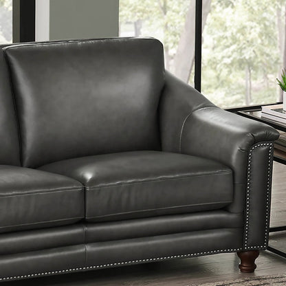 Belfast Loveseat by Hydeline in ash gray. Made from leather in a transitional style.