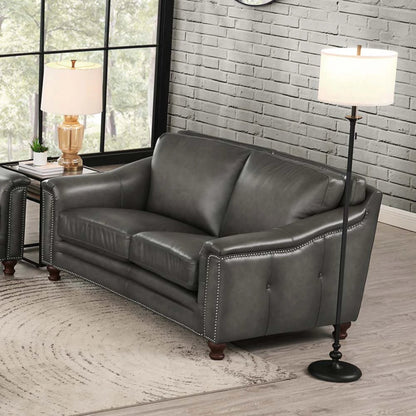 Belfast Loveseat by Hydeline in ash gray. Made from leather in a transitional style.
