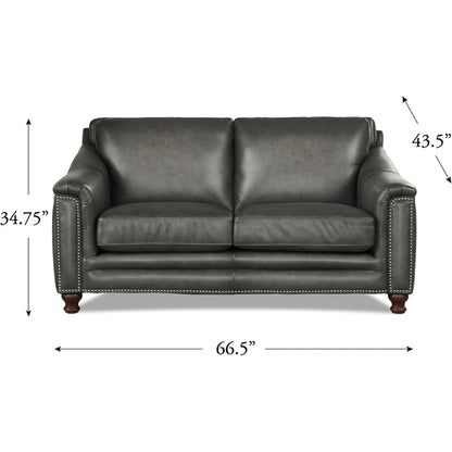 Belfast Loveseat by Hydeline in ash gray. Made from leather in a transitional style.