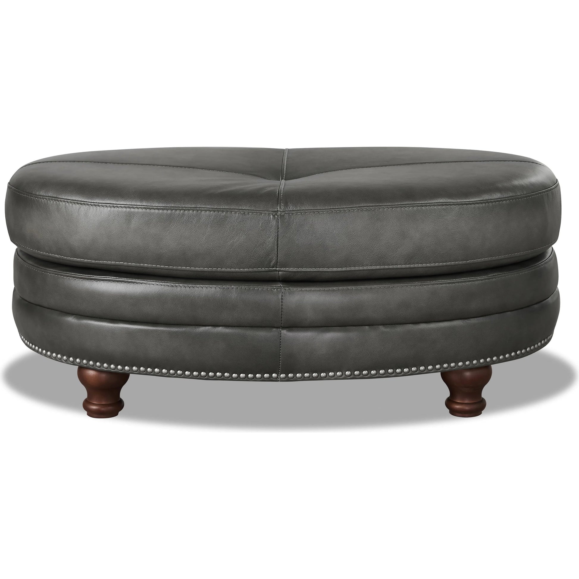 Belfast Ottoman by Hydeline in ash gray. Made from leather in a transitional style.