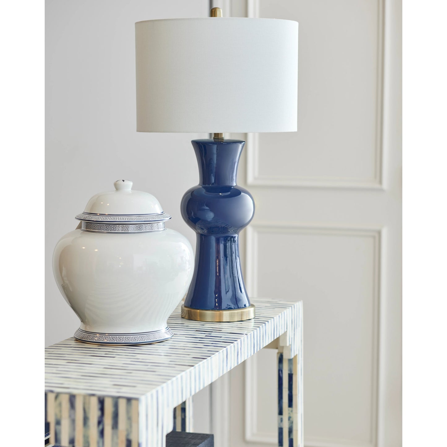 005 SR-782595 | Lifestyle | Rockport Beach Lamp by Chelsea House in cobalt glaze, antique brass. Made from ceramic in a transitional style.
