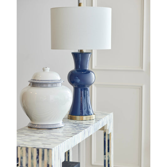 Rockport Beach Lamp by Chelsea House in cobalt glaze, antique brass. Made from ceramic in a transitional style.