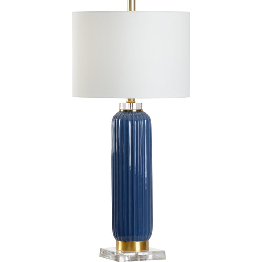Samuel Ceramic Lamp by Chelsea House in blue glaze, antique brass, clear. Made from ceramic in a transitional style.