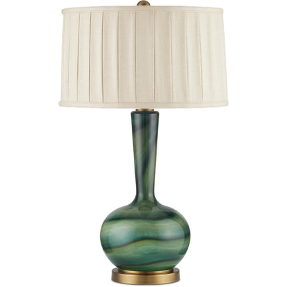Lamartine Table Lamp by Currey and Company in green, antique brass. Made from glass, metal in a modern style.