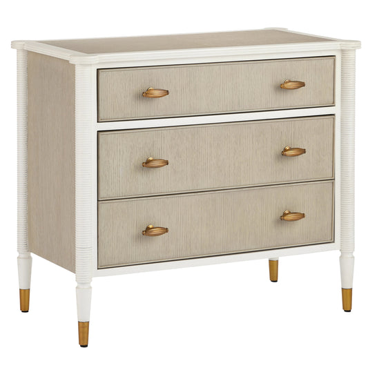 Aster Chest by Currey and Company in off white, fog, polished brass. Made from mahogany, oak, brass in a modern style.