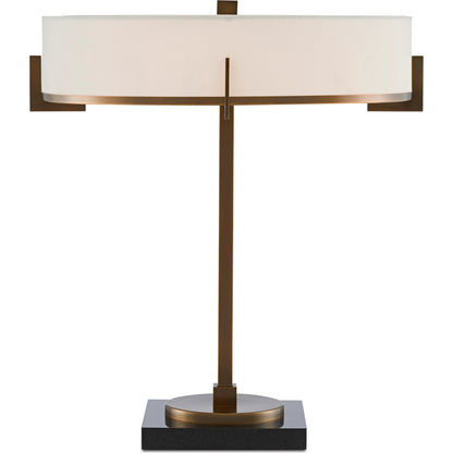 Jacobi Table Lamp by Currey and Company in antique brass, black. Made from metal, marble in a transitional style.