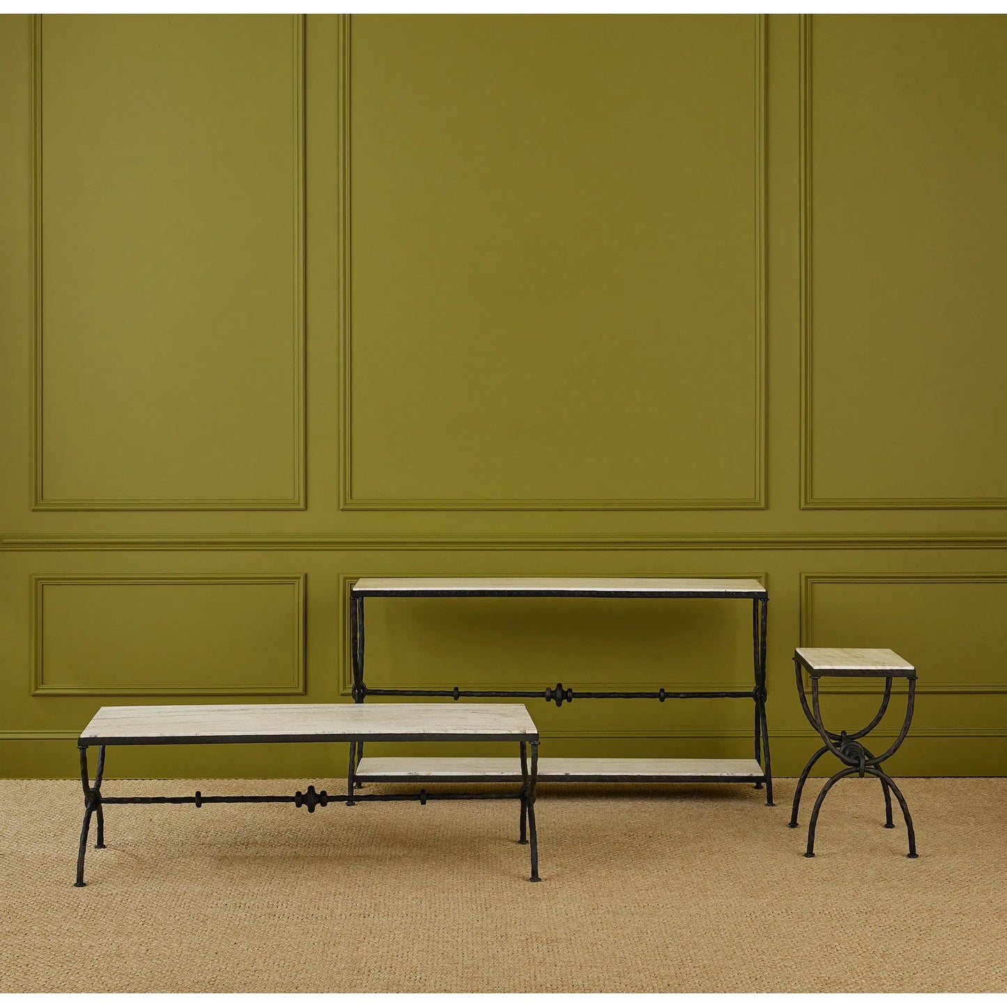 006 SI-2386931 | Lifestyle | Agora White Travertine Console Table by Currey and Company in natural, rustic bronze. Made from white travertine, wrought iron in a modern style.