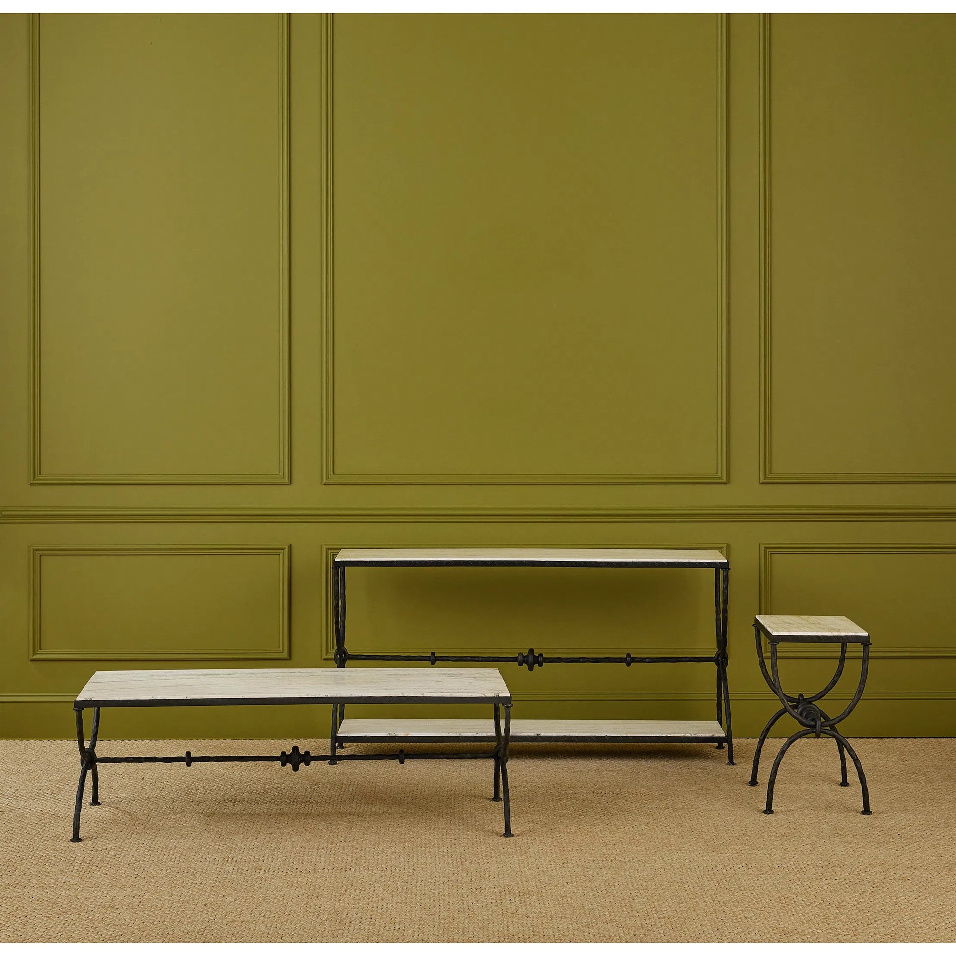 Agora White Travertine Console Table by Currey and Company in natural, rustic bronze. Made from white travertine, wrought iron in a modern style.