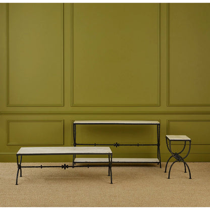 Agora White Travertine Console Table by Currey and Company in natural, rustic bronze. Made from white travertine, wrought iron in a modern style.