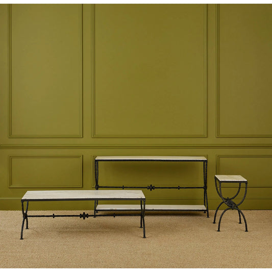 Agora Console Table by Currey and Company in natural, rustic bronze. Made from white travertine, wrought iron in a unique style.