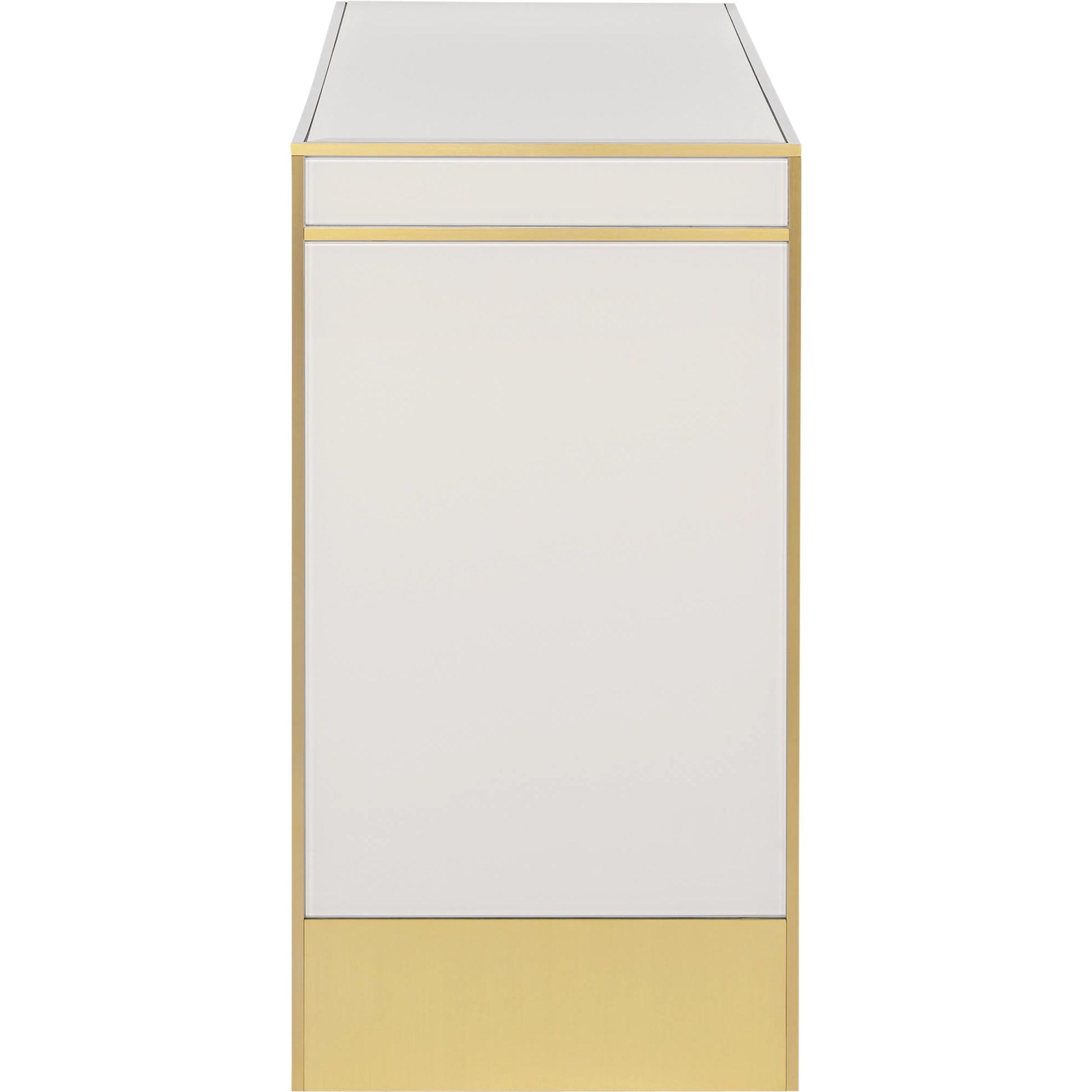 Arden Console Table by Currey and Company in ivory, satin brass. Made from reverse painted glass, brass, solid hardwood in a modern style.