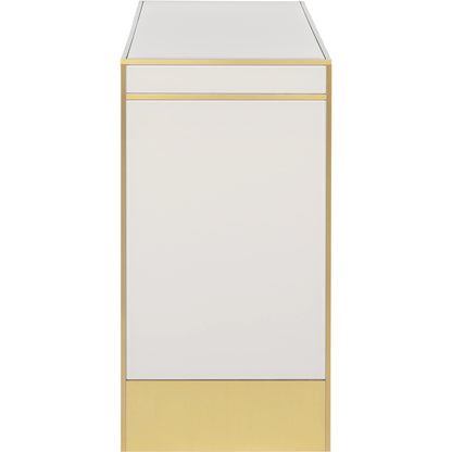 Arden Console Table by Currey and Company in ivory, satin brass. Made from reverse painted glass, brass, solid hardwood in a modern style.