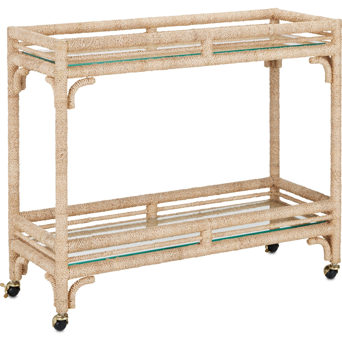 001 SI-1924071 | Primary Silo | Olisa Bar Cart by Currey and Company in natural, clear. Made from abaca rope, wrought iron, glass in a coastal style.