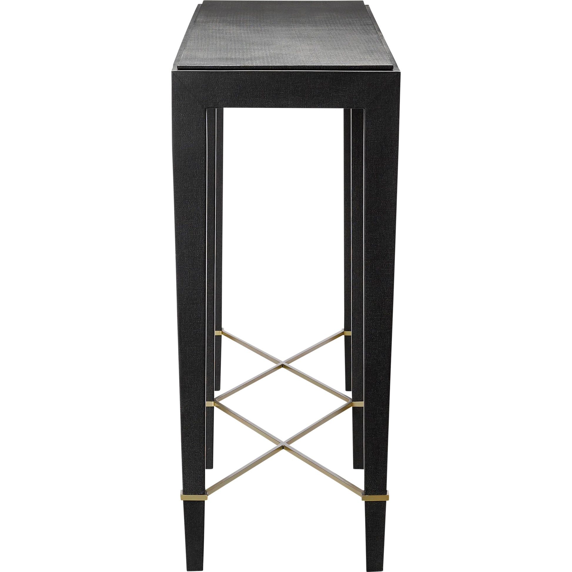 Verona Console Table by Currey and Company in black lacquered linen, champagne metal. Made from black lacquered linen, solid wood, engineered wood, metal in a modern style.