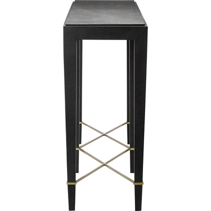 Verona Console Table by Currey and Company in black lacquered linen, champagne metal. Made from black lacquered linen, solid wood, engineered wood, metal in a modern style.