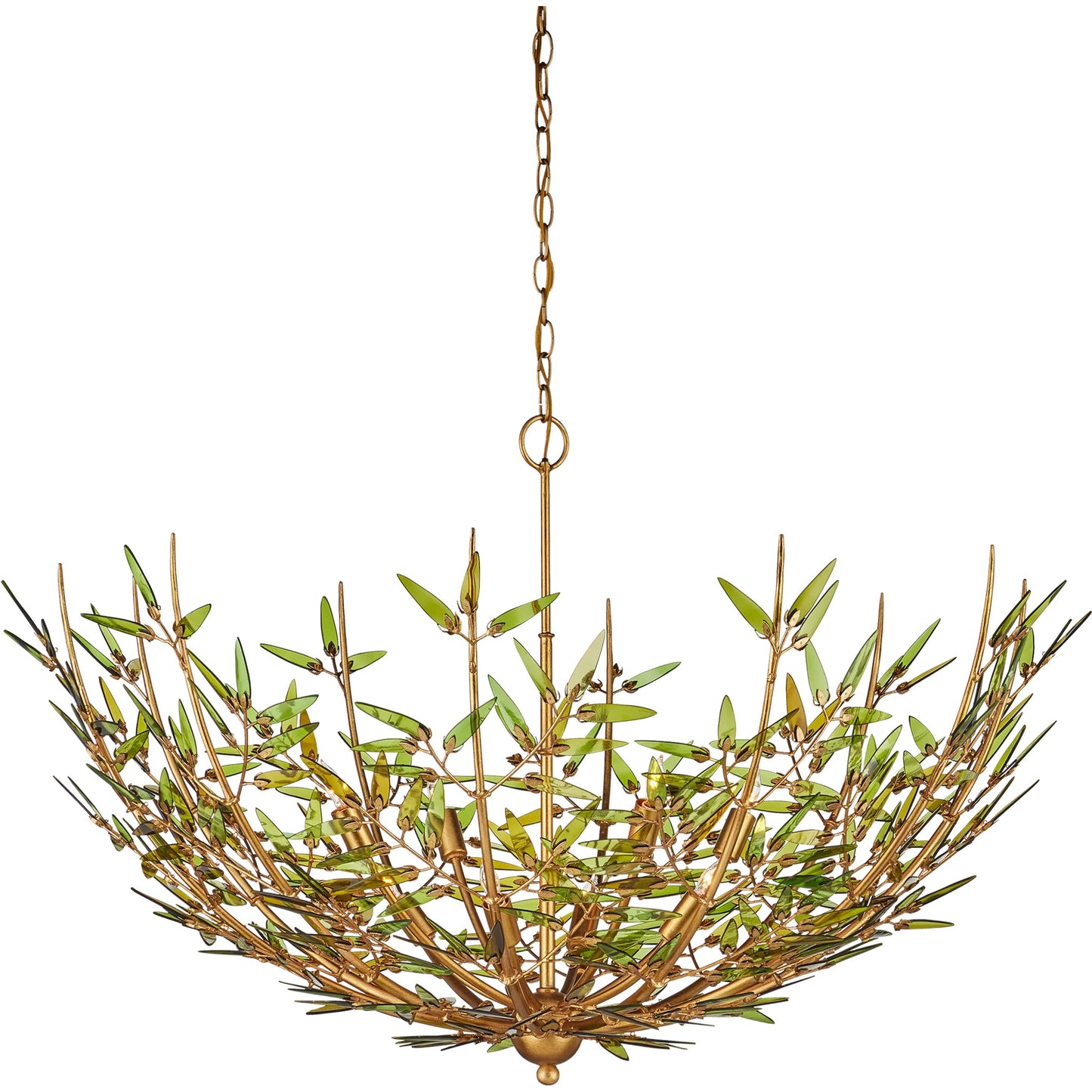 000 SI-2386945 | Primary Silo | Babylon Chandelier by Currey and Company in green, contemporary gold leaf. Made from recycled bottle glass, wrought iron in a modern style.