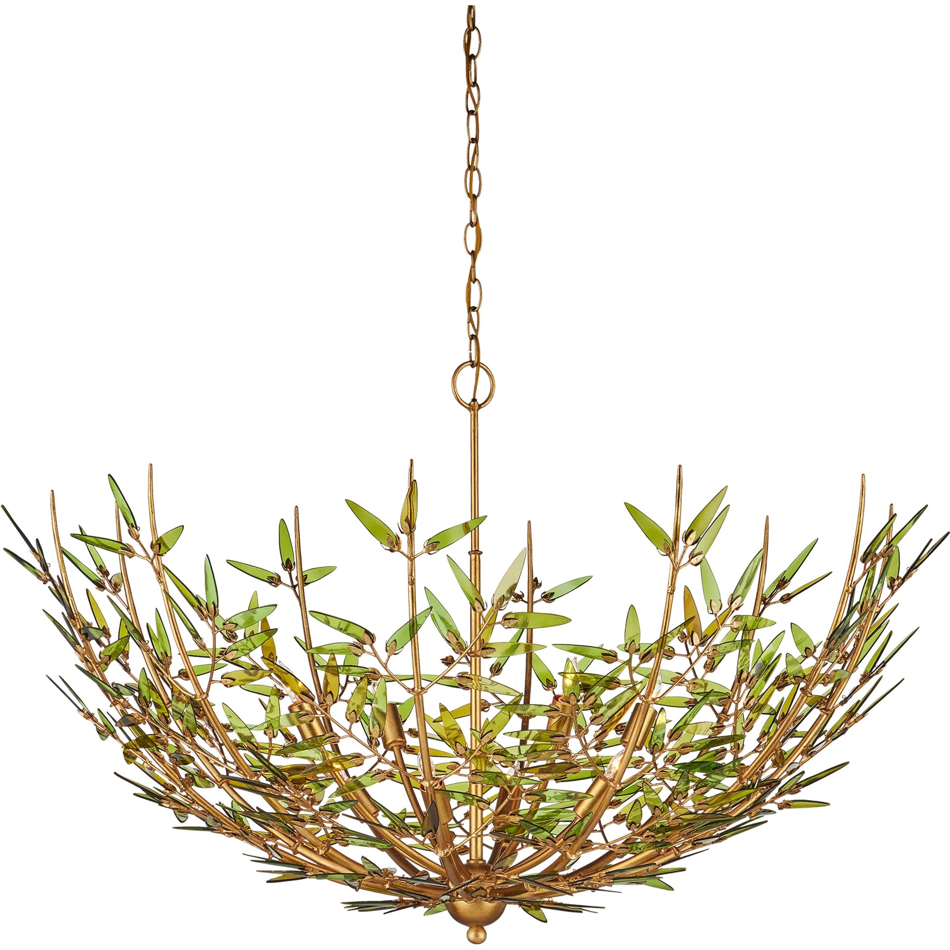 Babylon Chandelier by Currey and Company in green, contemporary gold leaf. Made from recycled bottle glass, wrought iron in a modern style.