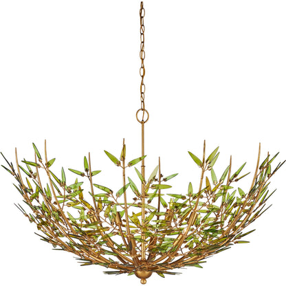 Babylon Chandelier by Currey and Company in green, contemporary gold leaf. Made from recycled bottle glass, wrought iron in a modern style.