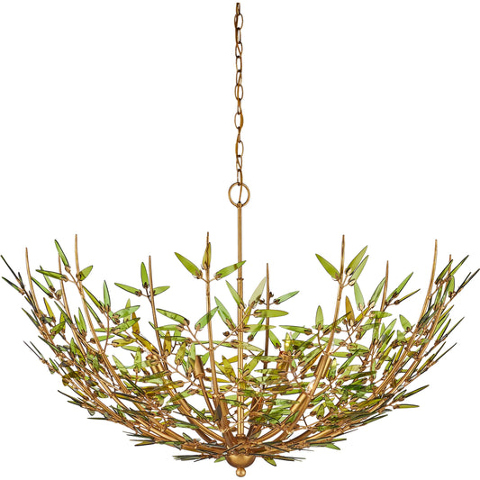 Babylon Chandelier by Currey and Company in green, contemporary gold leaf. Made from recycled bottle glass, wrought iron in a unique style.