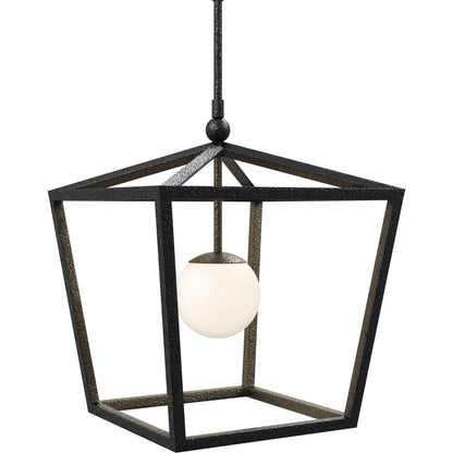 Denison Outdoor Lantern by Currey and Company in black, frosted white. Made from wrought iron, glass in a modern style.