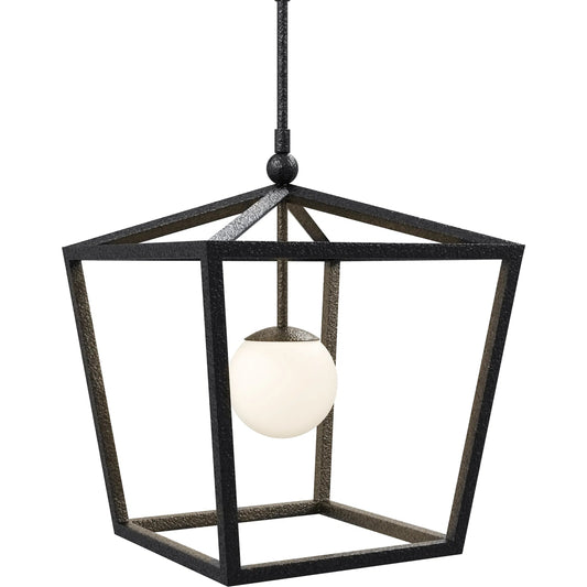 Denison Outdoor Lantern by Currey and Company in black, frosted white. Made from wrought iron, glass in a unique style.