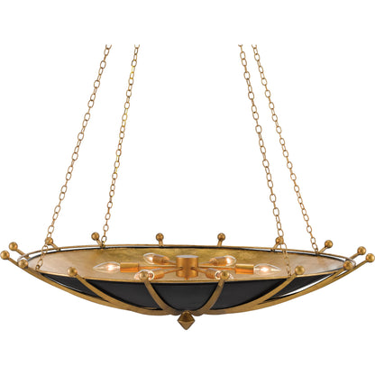 Fontaine Chandelier by Currey and Company in antique gold leaf, contemporary gold leaf, satin black. Made from wrought iron in a transitional style.