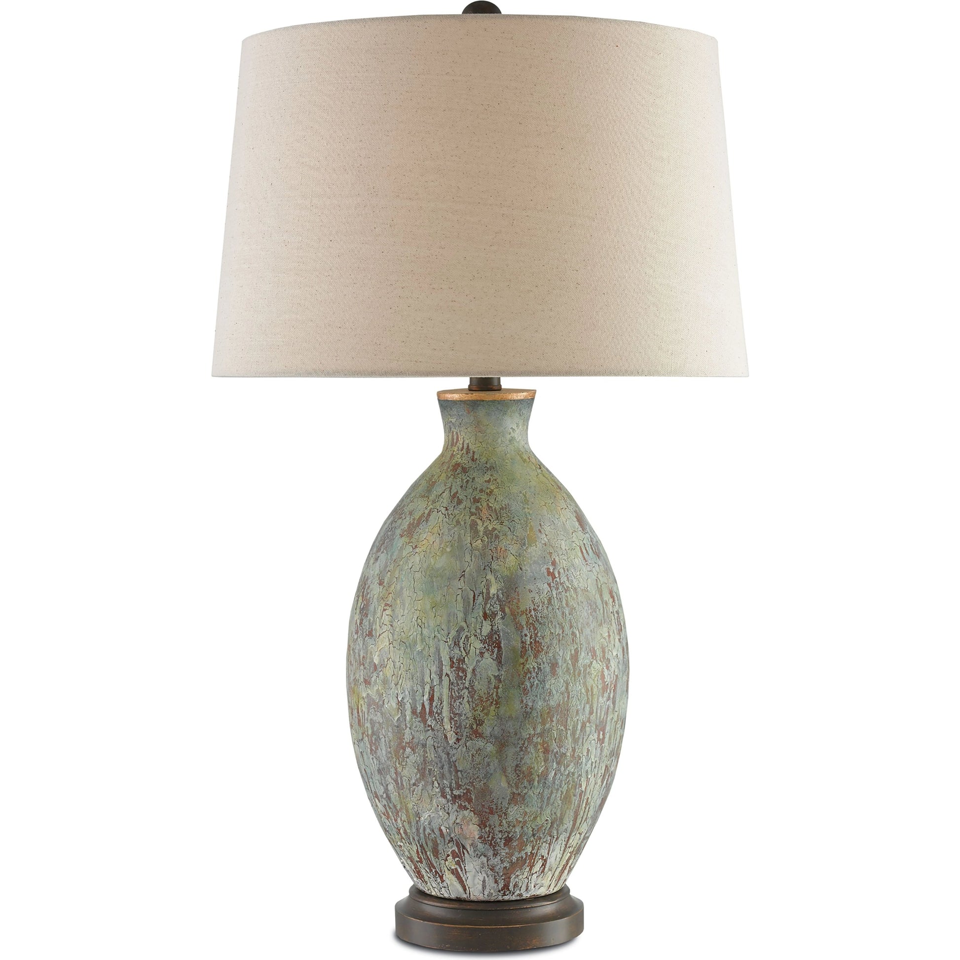 Remi Table Lamp by Currey and Company in green, dark red drip glaze, bronze gold. Made from terracotta, wood in a traditional style.