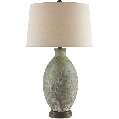 Remi Table Lamp by Currey and Company in green, dark red drip glaze, bronze gold. Made from terracotta, wood in a traditional style.