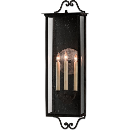 Giatti Outdoor Wall Sconce by Currey and Company in midnight (pure black). Made from wrought iron, glass in a traditional style.