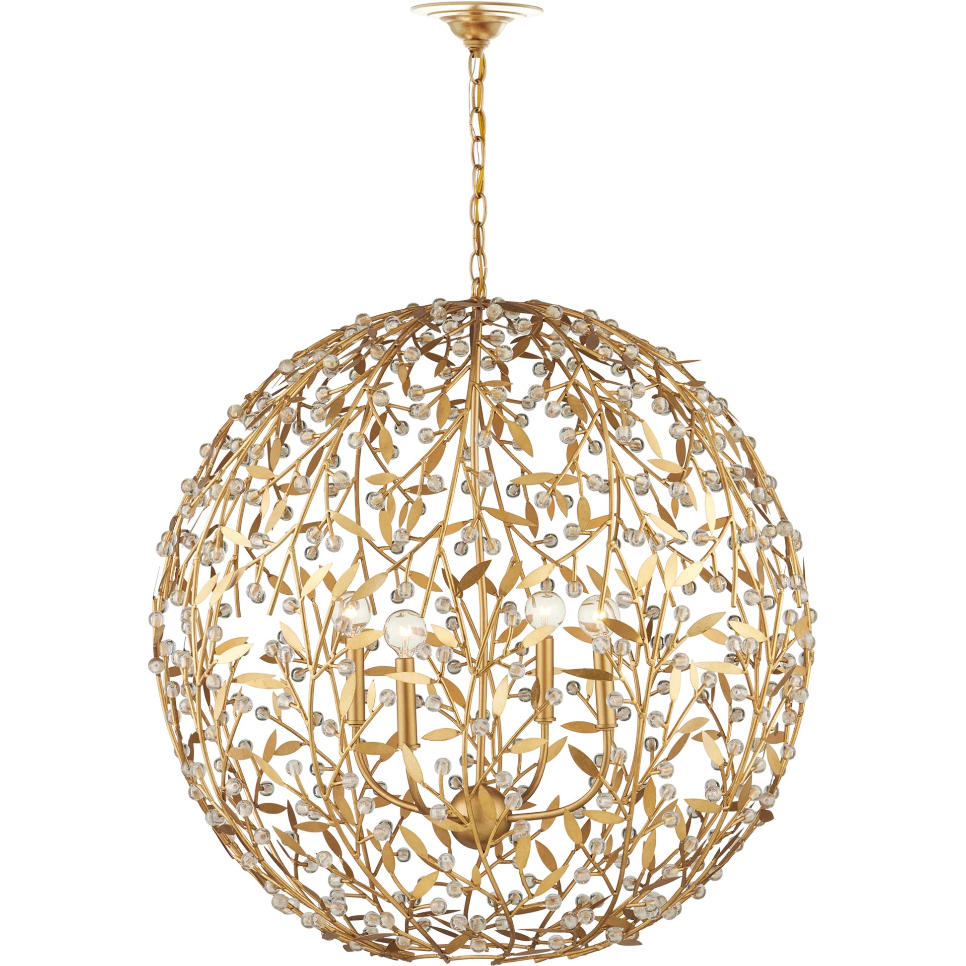 Secret Garden Orb Chandelier by Currey and Company in clear, contemporary gold leaf, contemporary gold. Made from crystal, wrought iron in a modern style.