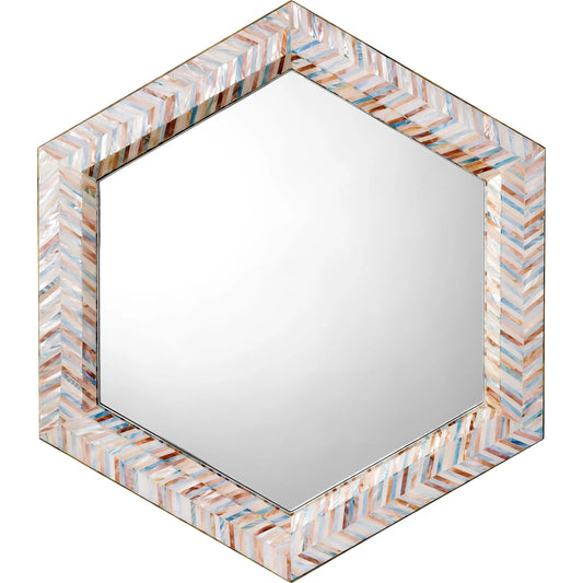 Academy Hexagon Mirror by Jamie Young in blue and mixed blue, white, red mother of pearl. Made from mother of pearl, acrylic, glass mirror, mdf in a unique style.