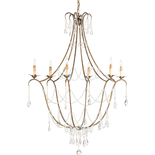 Elizabeth Chandelier by Currey and Company in rhine gold. Made from iron, crystal in a traditional style.